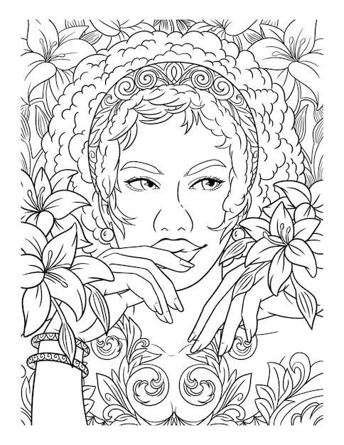 Afro american flower girl adult coloring page