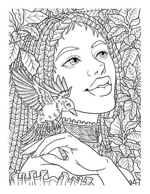 Afro American Girl With Bird Adult Coloring Page