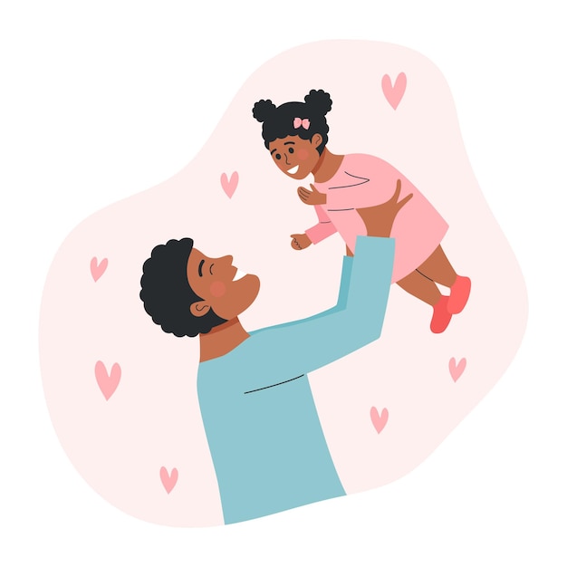 Afro American man holding baby girl Happy father playing with his daughter Fatherhood fathers day