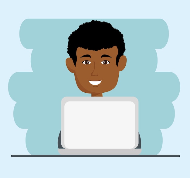 Vector afro american man with laptop over light blue background vector illustration