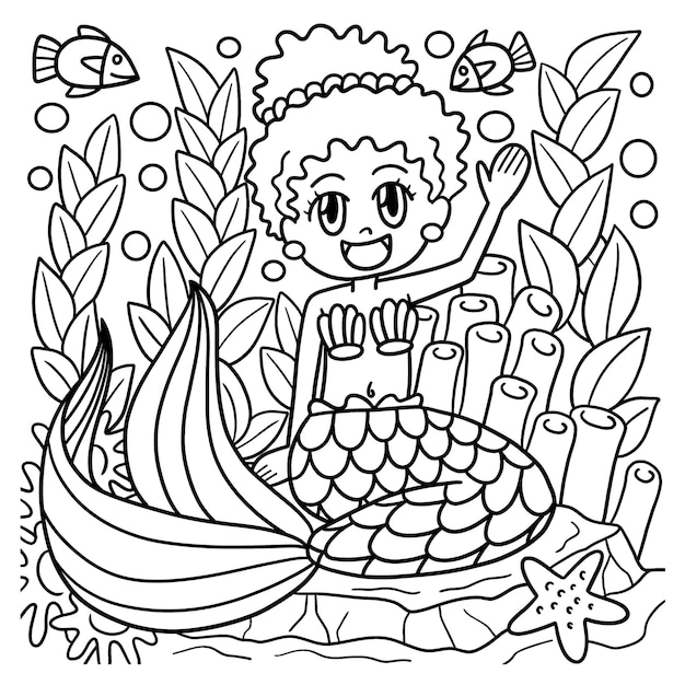 Afro american mermaid coloring page for kids