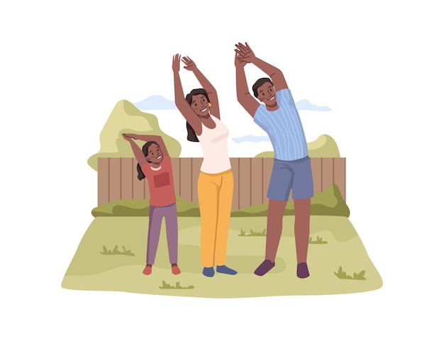 Vector afro american parents and daughter doing sport