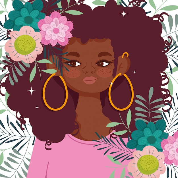 Vector afro american woman cartoon flowers foliage decoration design vector illustration