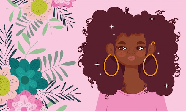 Afro american woman cartoon flowers foliage nature portrait vector illustration