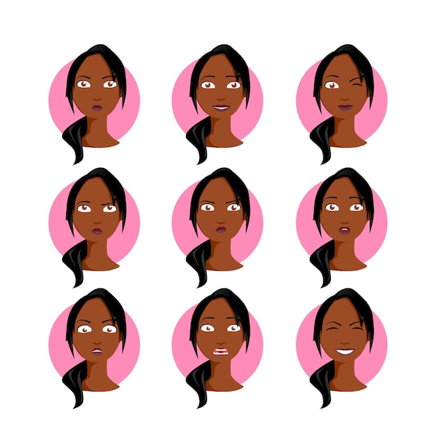 Vector afro american woman set  illustration. black young female in cartoon style with different facial emotions, expressions. easy to modify. character collection design.