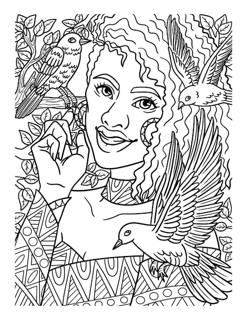 Vector afro american woman with bird adult coloring page