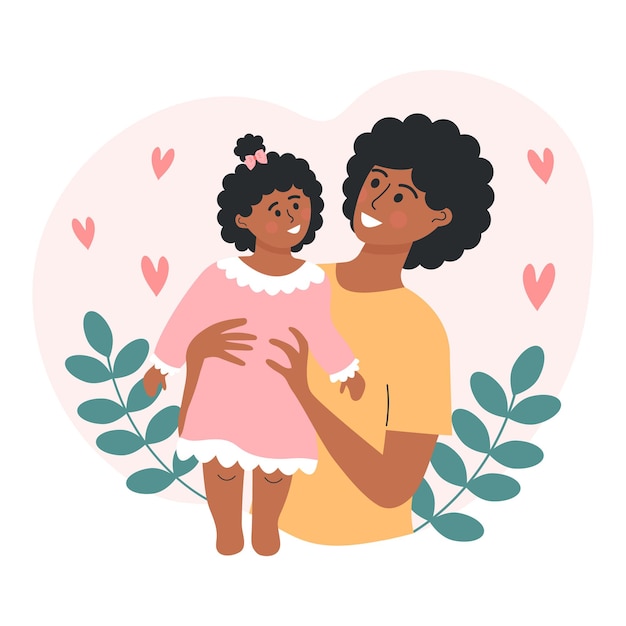 Афроамериканка с веточками и сердечками ребенка вокруг Мать держит на руках девочку