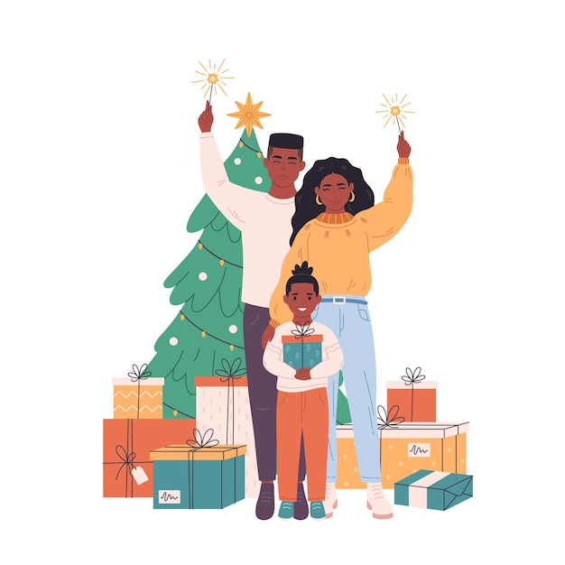 Vector afro-amerikaans gezin met kind viert kerstmis of nieuwjaar kerstboom met geschenken