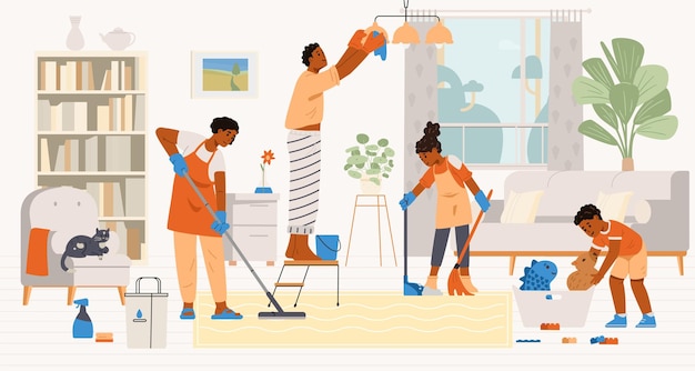 Afro-Amerikaans gezin met twee kinderen die de woonkamer schoonmaken Familie die gezamenlijk huishoudelijke klusjes doet