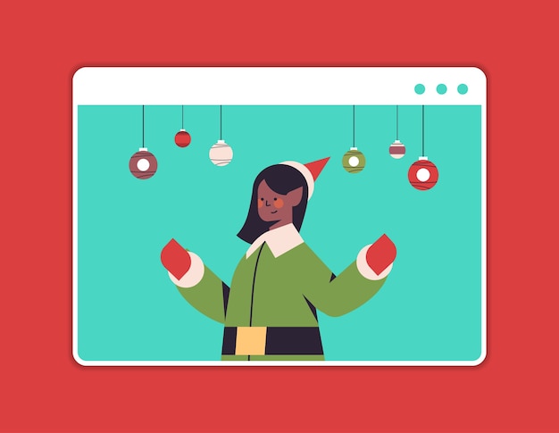 Afro-amerikaanse elf meisje plezier gelukkig nieuwjaar en vrolijk kerstfeest vakantie viering concept web browser venster horizontale portret vectorillustratie