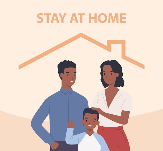 Afro-amerikaanse familie met kinderen blijft thuis. gelukkige mensen binnen huis. illustratie in een vlakke stijl