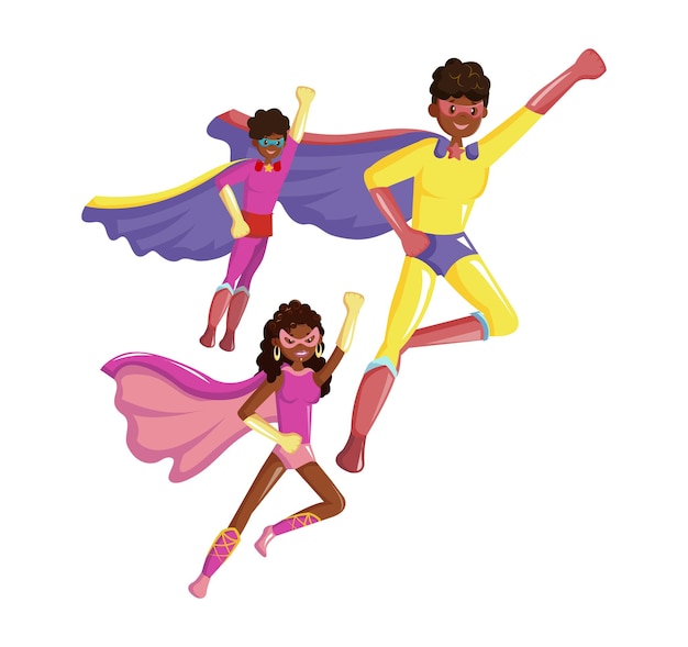 Afro-amerikaanse familie superhelden vader en kinderen vliegen samen in superheld kostuums