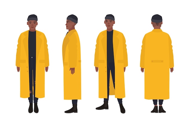 Afro-amerikaanse man gekleed in gele regenjas. jonge man in trendy jas, streetstyle look. mannelijke stripfiguur geïsoleerd op een witte achtergrond. voor-, zij- en achteraanzicht. platte vectorillustratie.