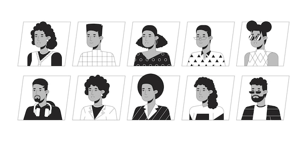 Afro-Amerikaanse mensen zwart wit cartoon avatar iconen bundel Bewerkbare 2D gebruiker portretten lineaire illustraties Geïsoleerde vector gezicht profiel cliparts Userpic collectie mensen hoofd en schouders