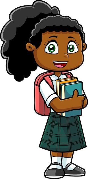 Afro-Amerikaanse schoolmeisje stripfiguur houdt schoolboeken vast. Vector Handgetekende Illustratie