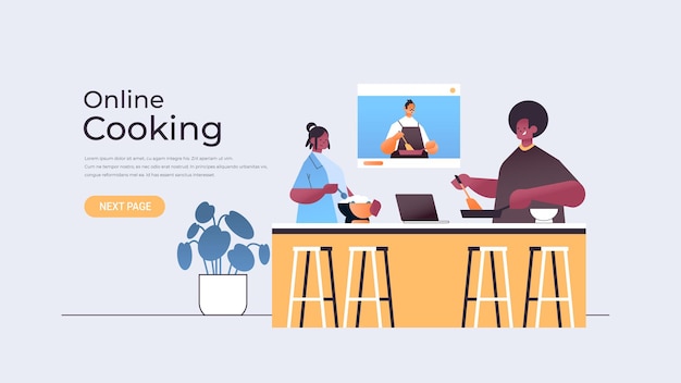 Afro-Amerikaanse voedselbloggers paar voorbereiding gerecht tijdens het kijken naar video tutorial met mannelijke chef-kok in web browservenster online koken concept horizontale kopie ruimte illustratie
