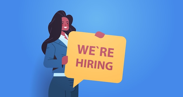 Afro-amerikaanse vrouw hr manager bedrijf wij huren toespraak vacature open rekrutering human resources concept horizontaal portret vector illustratie