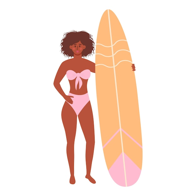 Afro-Amerikaanse vrouw in zwembroek met surfplank Beach surfer girl Actieve zomer Gezonde levensstijl