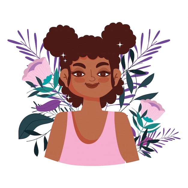 Afro-Amerikaanse vrouw karakter bloemen gebladerte portret vectorillustratie