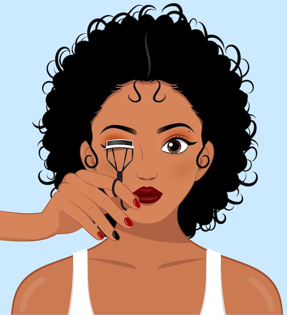 Vector afro-amerikaanse vrouw met behulp van wimpers krultang, krullende wimpers make-up huidverzorging concept