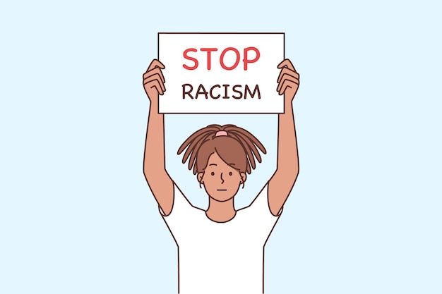 Afro-amerikaanse vrouw met poster tegen rassendiscriminatie