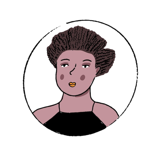 Vector afro-amerikaanse vrouw portret hand getrokken doodle in ronde frame zwart krullend haar stijl vector tekening