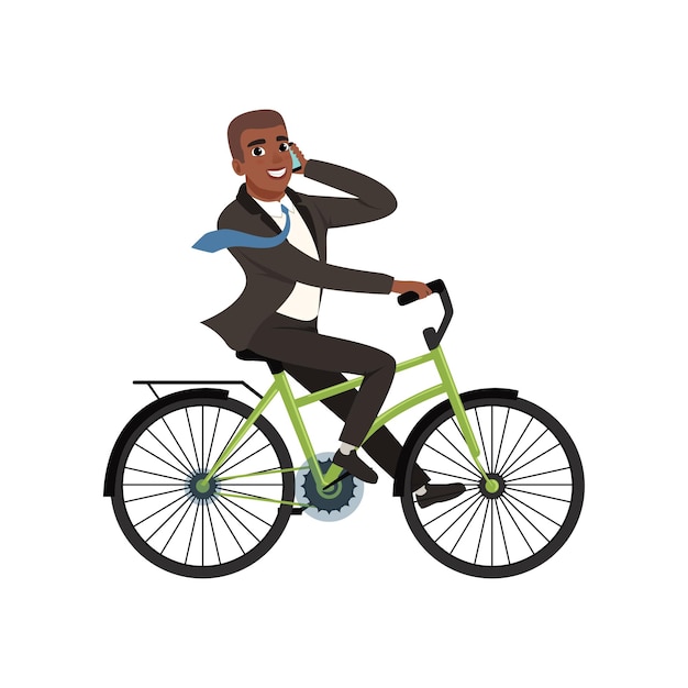 Afro-Amerikaanse zakenman fietsten en praten over de telefoon Cartoon jonge kerel in formeel zwart pak met blauwe stropdas Mobiel stadsvervoer Platte vector design