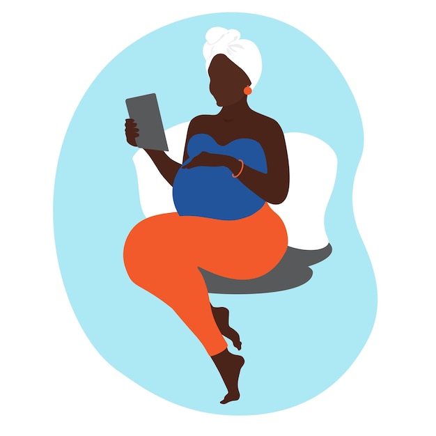 Afro-Amerikaanse zwangere vrouw. Videogesprek op een tabletlaptop. Prenatale consulten online