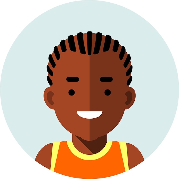 Afro-Amerikaanse zwarte kind tiener jongen in oranje tshirt ronde Avatar gezicht pictogram in platte stijl