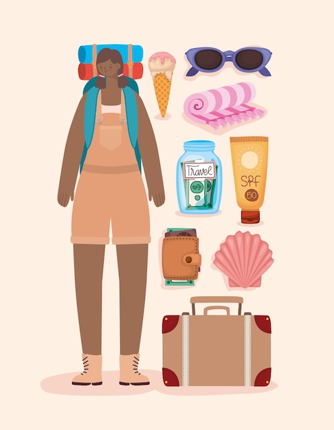 Vector afro backpacker vrouw en reiselementen