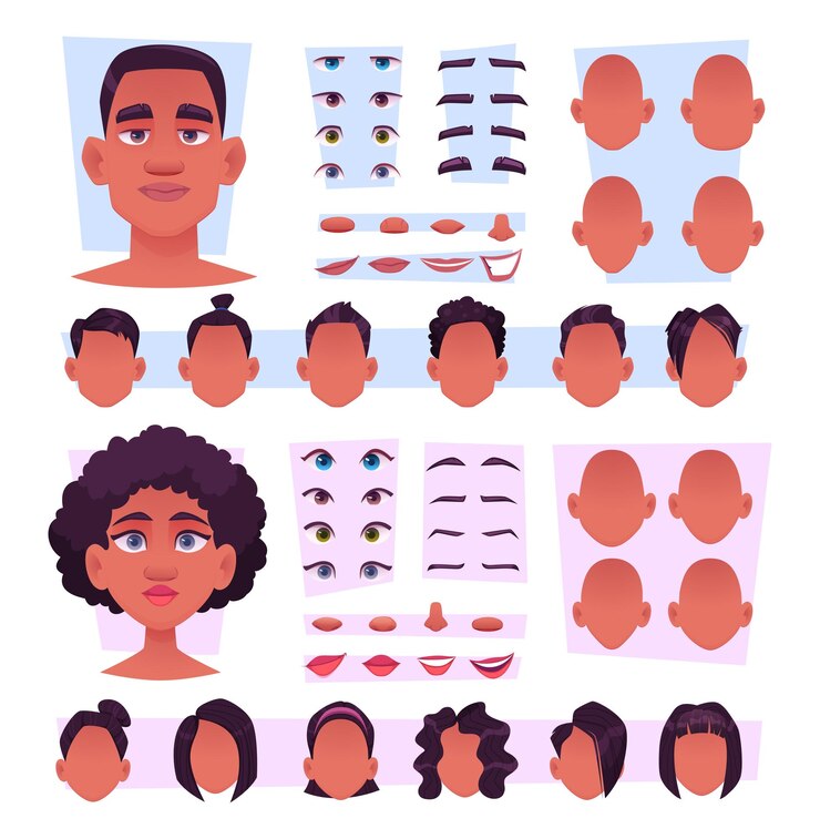 Vector afro characters stylish african persons avatar creation kit big eyes nose mouth afro hair black skin tone exact vector constructor templates