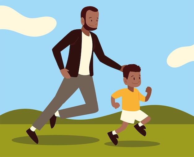 Afro dad son running outdoor