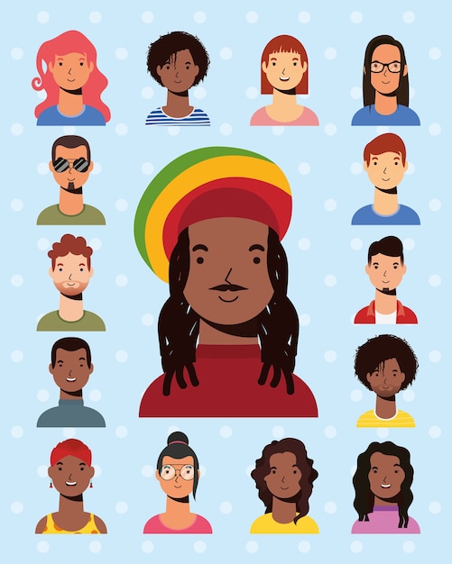 Afro ethnic man with jamaican hat and interracial people vector flat style design