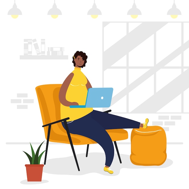 Vector afro ethnic woman using laptop in the sofa