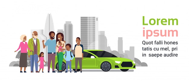 Afro familie met groene auto sjabloon voor spandoek