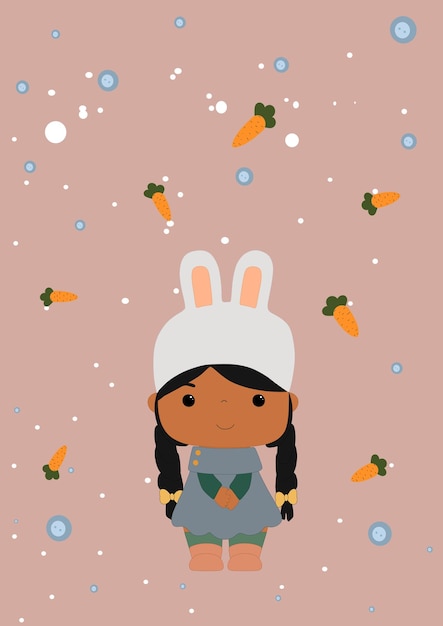 Vector afro girl in a bunny hat.beautiful fancy dress.against the background of carrots.design for party