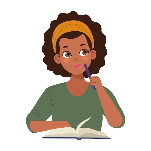 Vector afro girl studying with book character