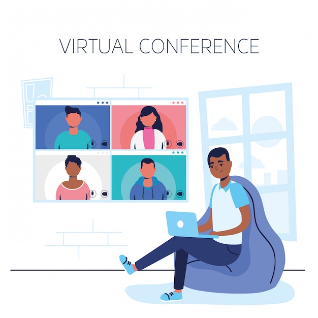 Vector afro man using laptop in virtual conference communication