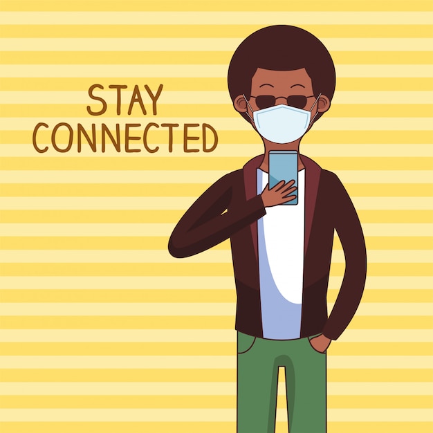 Afro man wearing medical mask and smartphone for stay connected