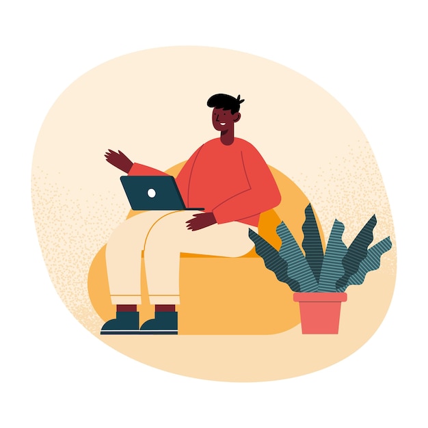 Vector afro man with laptop in livingroom