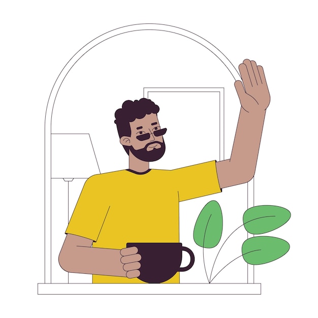 Afro neighbour flat line concept vector spot illustration good neighborhood man waving from window 2d cartoon outline character on white for web ui design editable isolated color hero image