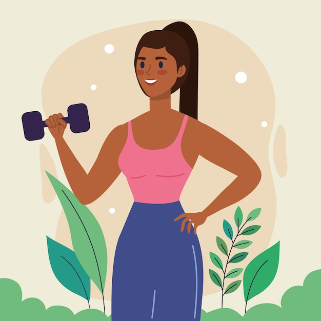 Vector afro woman lifting dumbbell with leafs