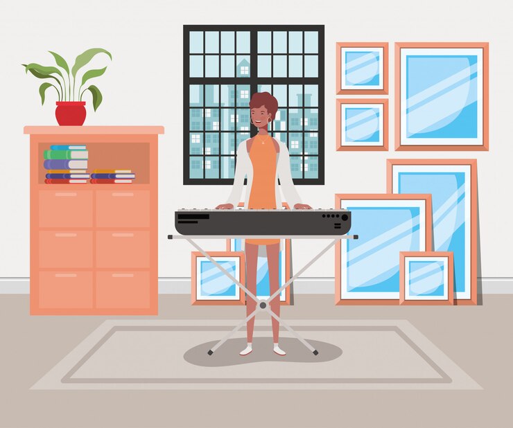 Vector afro woman playing piano character