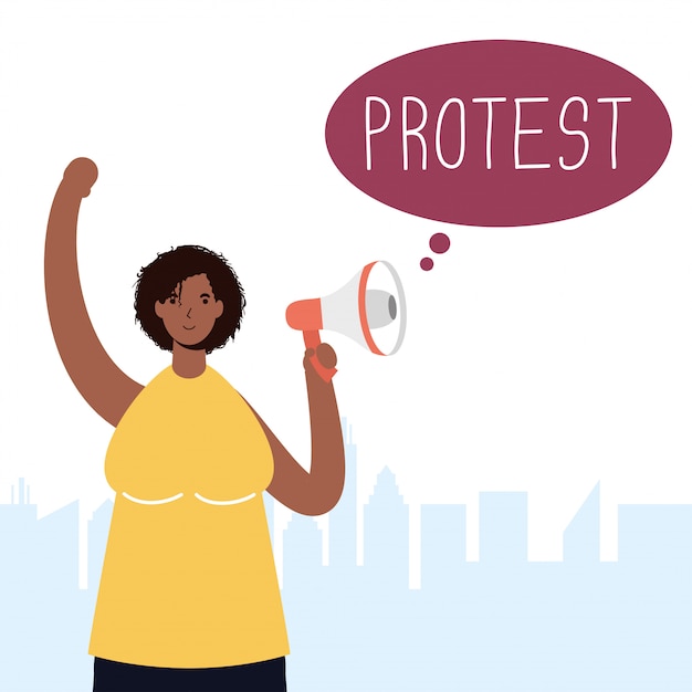 メガホンのイラストで抗議しているアフロの女性