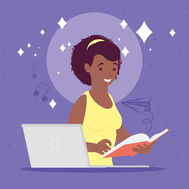 Vector afro woman studing with laptop