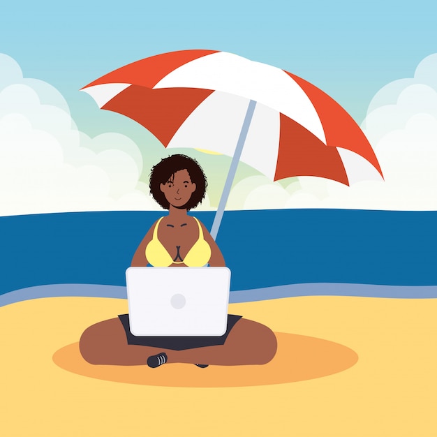 Vettore donna di afro che per mezzo del computer portatile sulla scena di vacanze estive della spiaggia