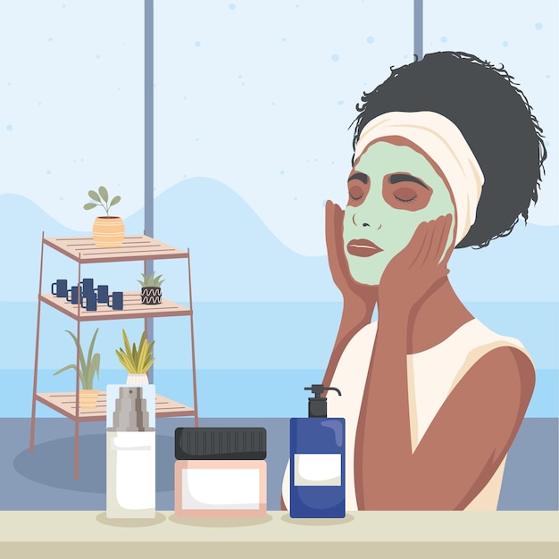 Afro woman with mask and products