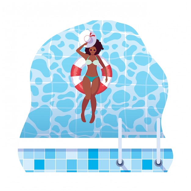 Afro woman with swimsuit and lifeguard float in water