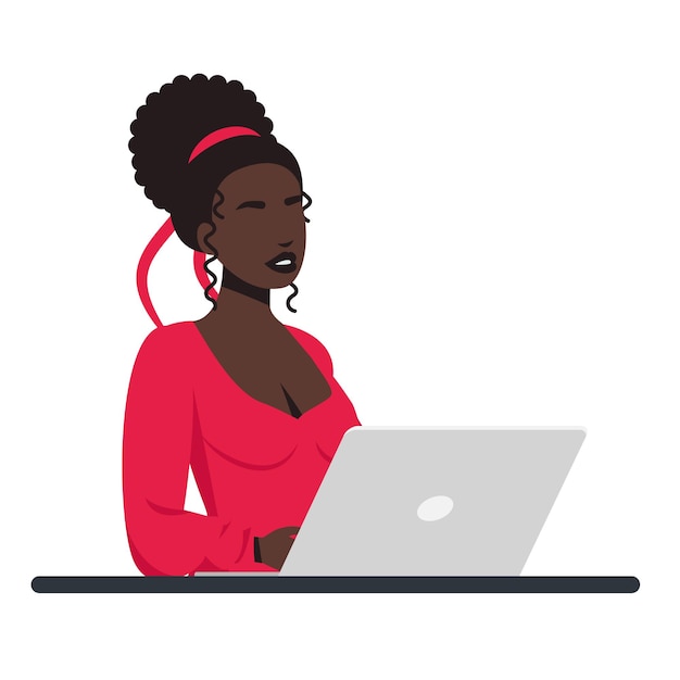 Donna afro che lavora su laptop o computer da casa con una tazza di caffè concetto di ufficio domestico una donna che lavora da casa studente o libero professionista illustrazione vettoriale stile piatto lavoro a distanza freelance