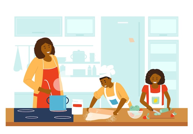 Afroamerican family cooking together in kitchen.